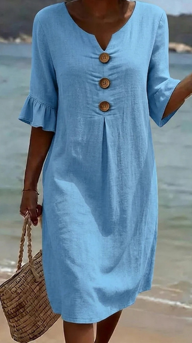 Women's Cotton-Linen Dress with V-Neck, Large Buttons, and Ruffled Sleeves - Nordfashionstorm - Women's Clothing, Fashion for You - Nordfashionstorm.com