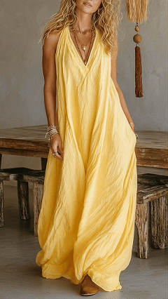 Women's Halter V-Neck Linen-Blend Maxi Dress - Nordfashionstorm - Women's Clothing, Fashion for You - Nordfashionstorm.com