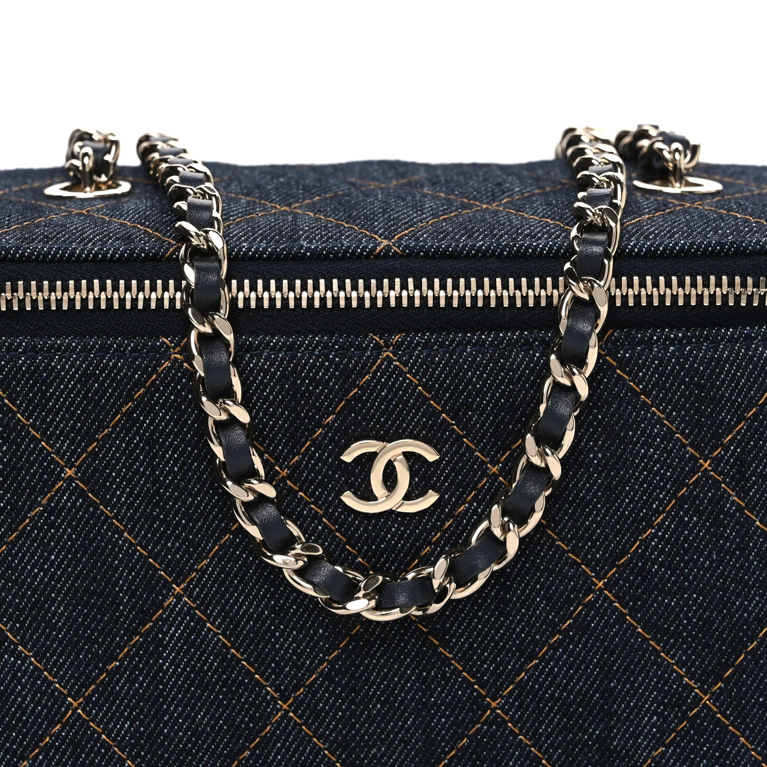 Denim Quilted Vanity Case With Chain Dark Blue Orange - Top Club