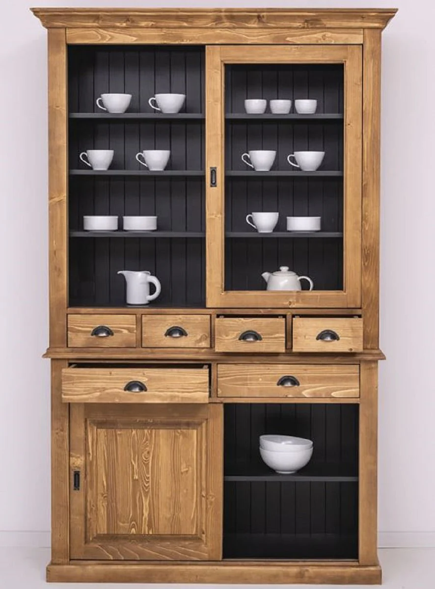 Country house style dining room cabinet brown / black 142 x 48 x H. 225 cm - solid wood kitchen cabinet - country house style dining room furniture