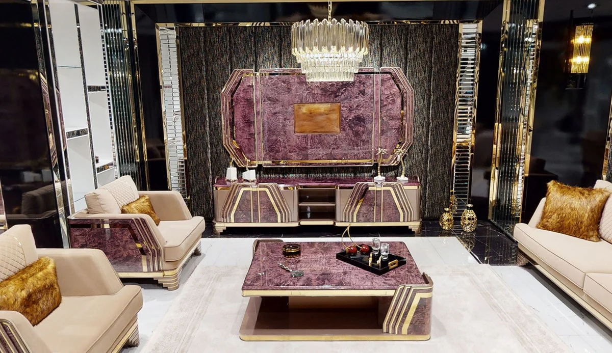 Luxury Art Deco coffee table purple / gray / gold - living room table with table top in marble look - Art Deco living room furniture