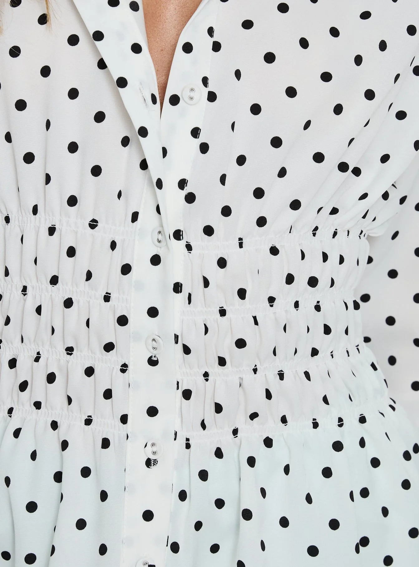 As You Are Shirred Button Up Top White Polka