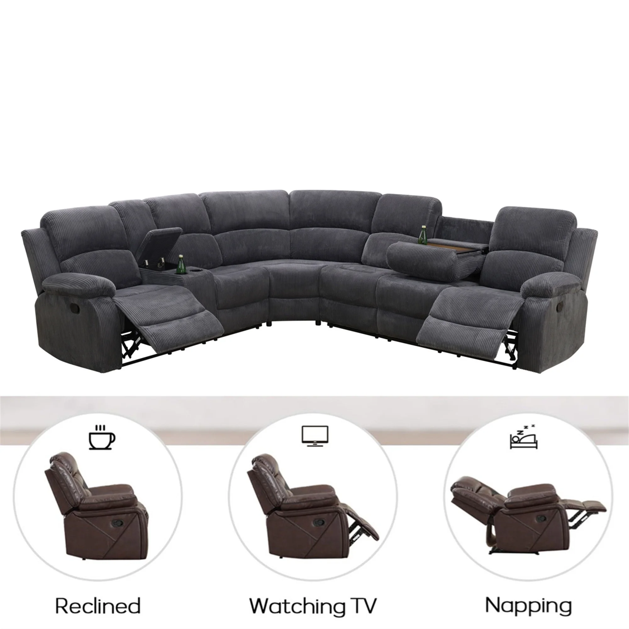 Aukfa 3 - Piece Recliner Sofa Set, 6 Seat Sectional Couch with Cup Holders&Storage Console, Gray