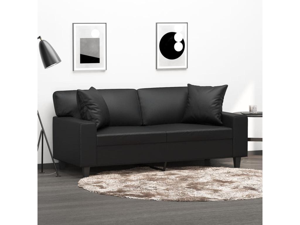 Sofá de 2 plazas con cojines cuero sintético negro 140 cm