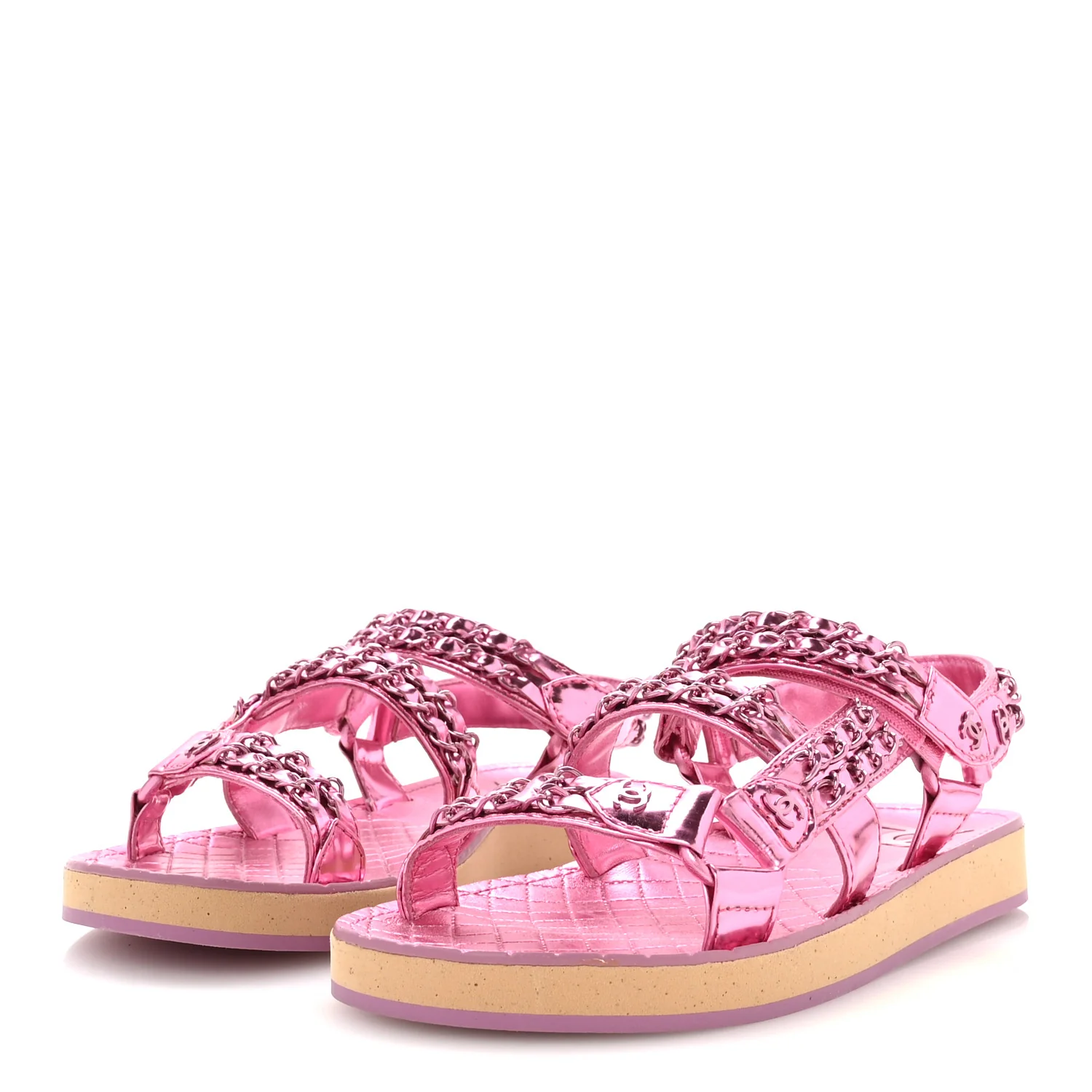 Metallic Laminated Goatskin Chain Flat Sandals 37.5 Pink - Top Club