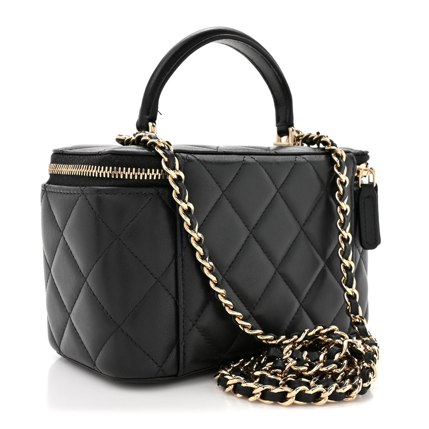 Lambskin Quilted Small Top Handle Vanity Case With Chain Black - Top Club