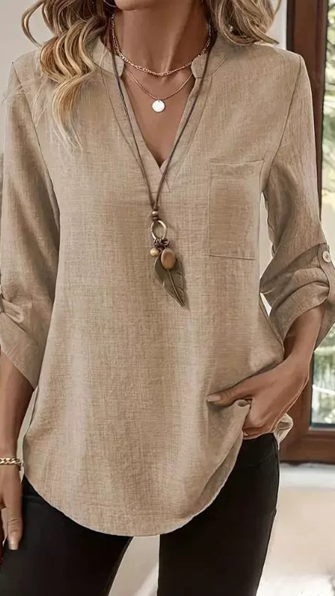 Women's Army Green Linen-Blend Henley Shirt - Nordfashionstorm - Women's Clothing, Fashion for You - Nordfashionstorm.com