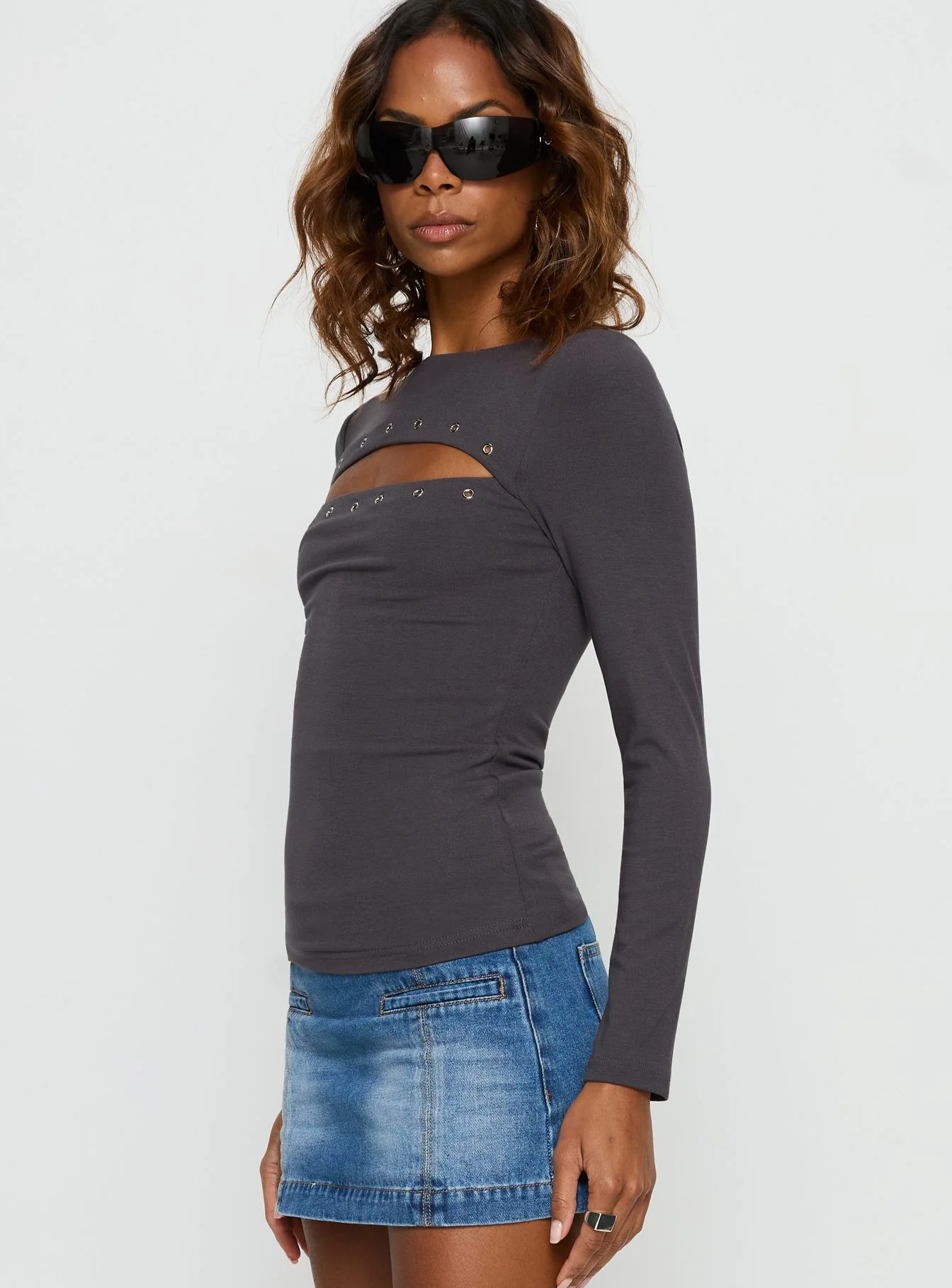 Izetta Eyelet Detail Long Sleeve Top Charcoal