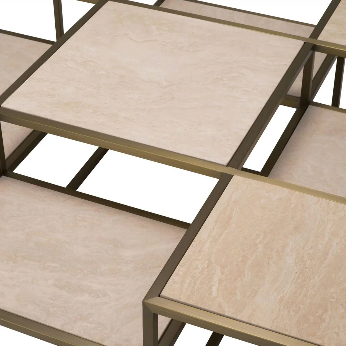 Luxury coffee table brass / beige 120 x 120 x H. 41.5 cm - Square stainless steel living room table with travertine table tops - Living room furniture - Luxury furniture - Luxury furnishings