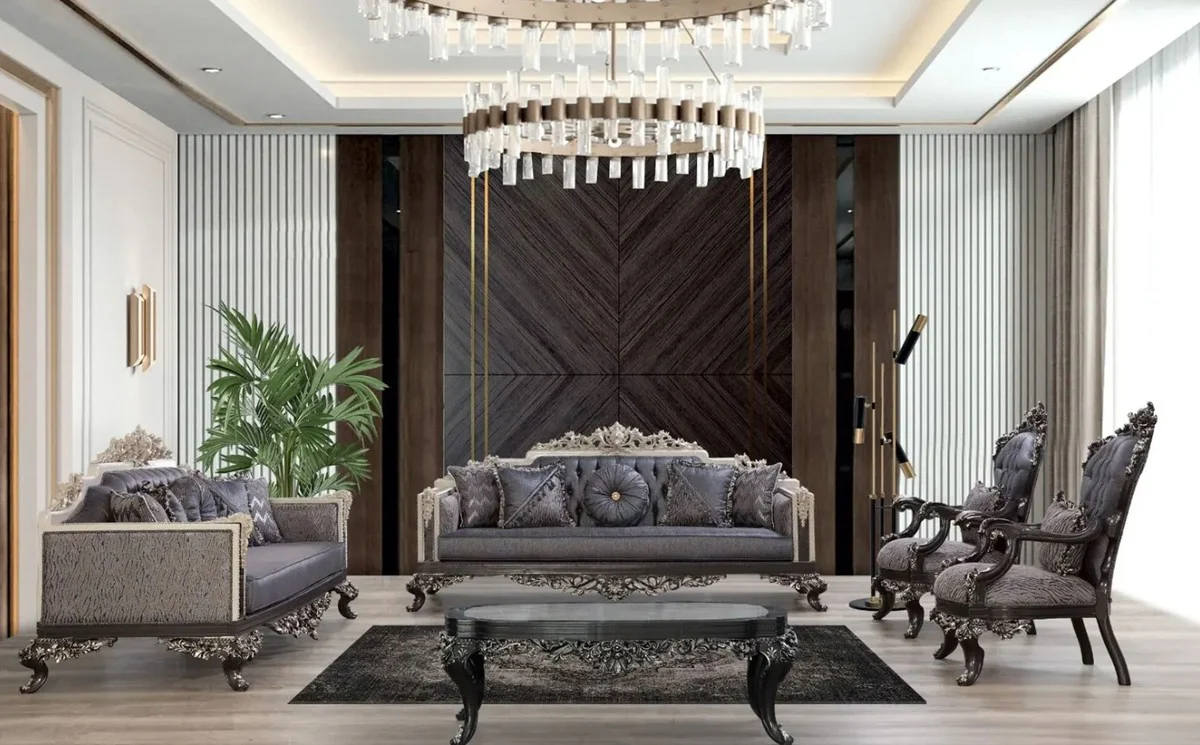 Luxury Baroque Sofa Blue / Gray / White / Black / Silver - Magnificent Living Room Sofa with Elegant Pattern - Baroque Living Room & Hotel Furniture - Noble & Magnificent