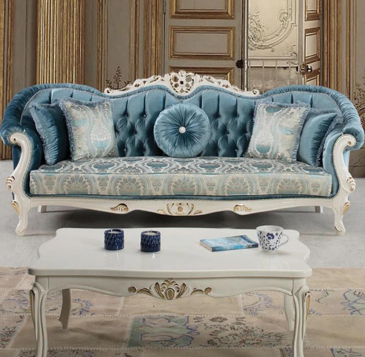 Luxury baroque solid wood coffee table white / gold 108 x 78 x H. 46 cm - living room table in baroque style