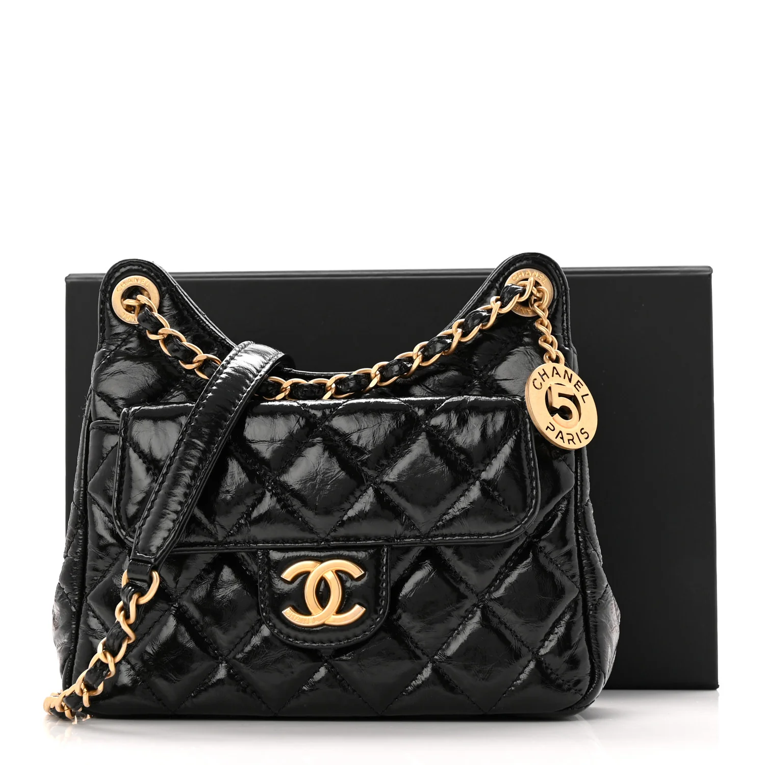 Shiny Crumpled Calfskin Quilted Small Wavy CC Hobo Black - Top Club
