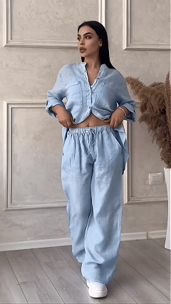 Women's Casual Cotton-Linen Solid-Color Shirt & Drawstring Wide-Leg Pants Two-Piece Set - Nordfashionstorm - Women's Clothing, Fashion for You - Nordfashionstorm.com