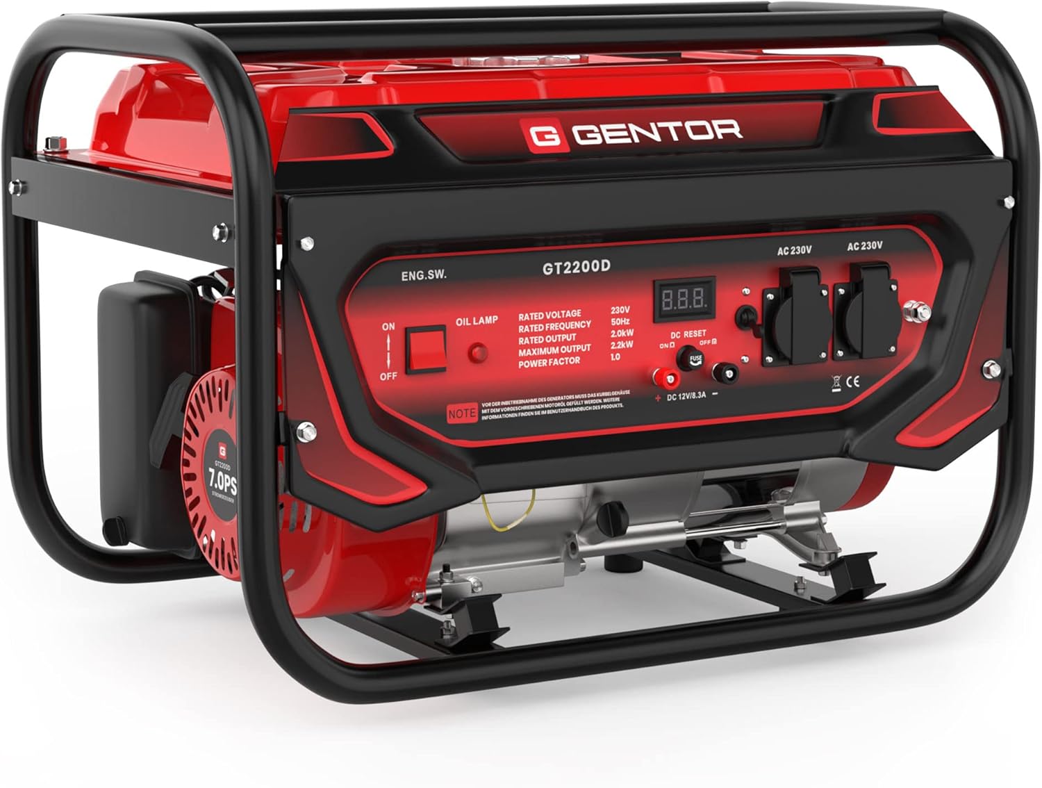GENTOR Generatore di corrente di emergenza GT2200D 2200 Watt 7.0PS a benzina silenzioso, 2x 230V, 1x 12V, avviamento a strappo, ampeggio