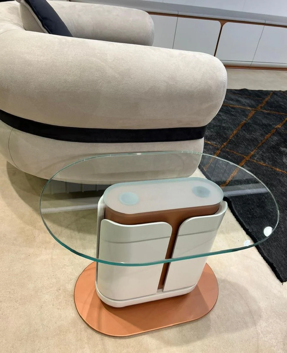 Luxury side table white / copper 60 x 40 x H. 40 cm - Oval table with glass top - Living room furniture - Hotel furniture - Luxury furniture
