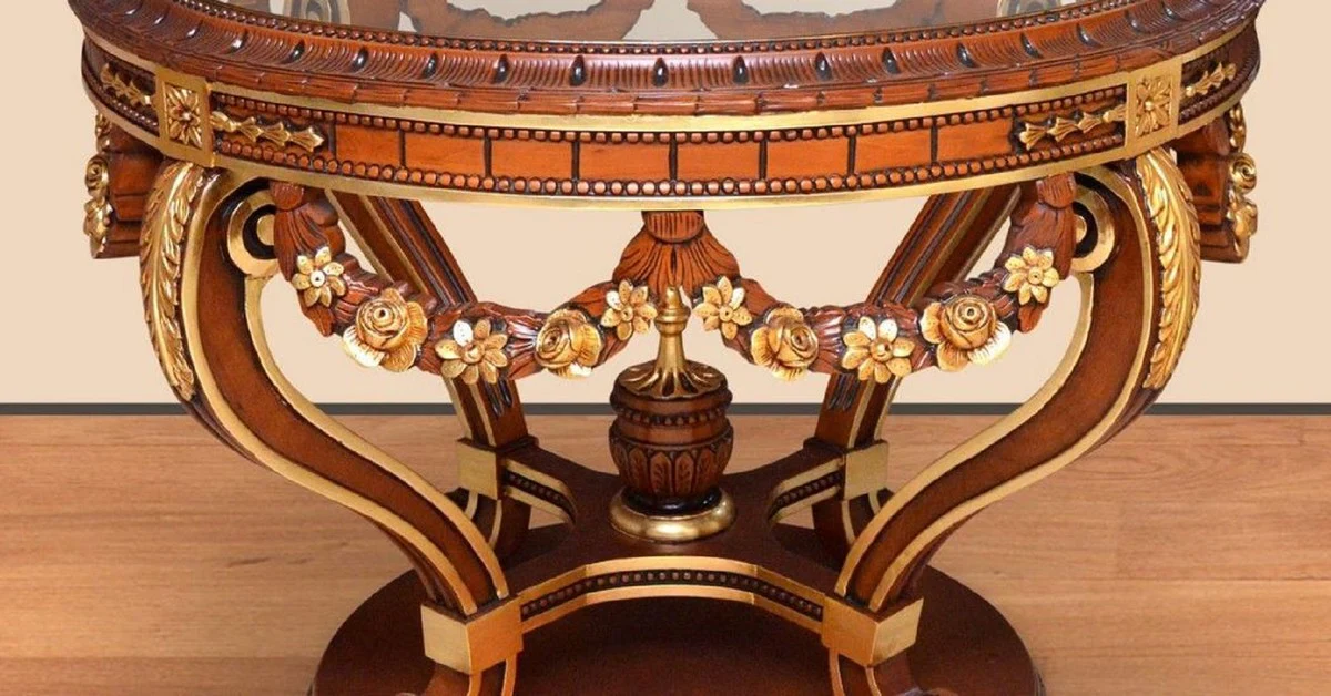 Baroque conference table brown / gold - round solid wood office table with glass top - baroque office furniture - noble and magnificent
