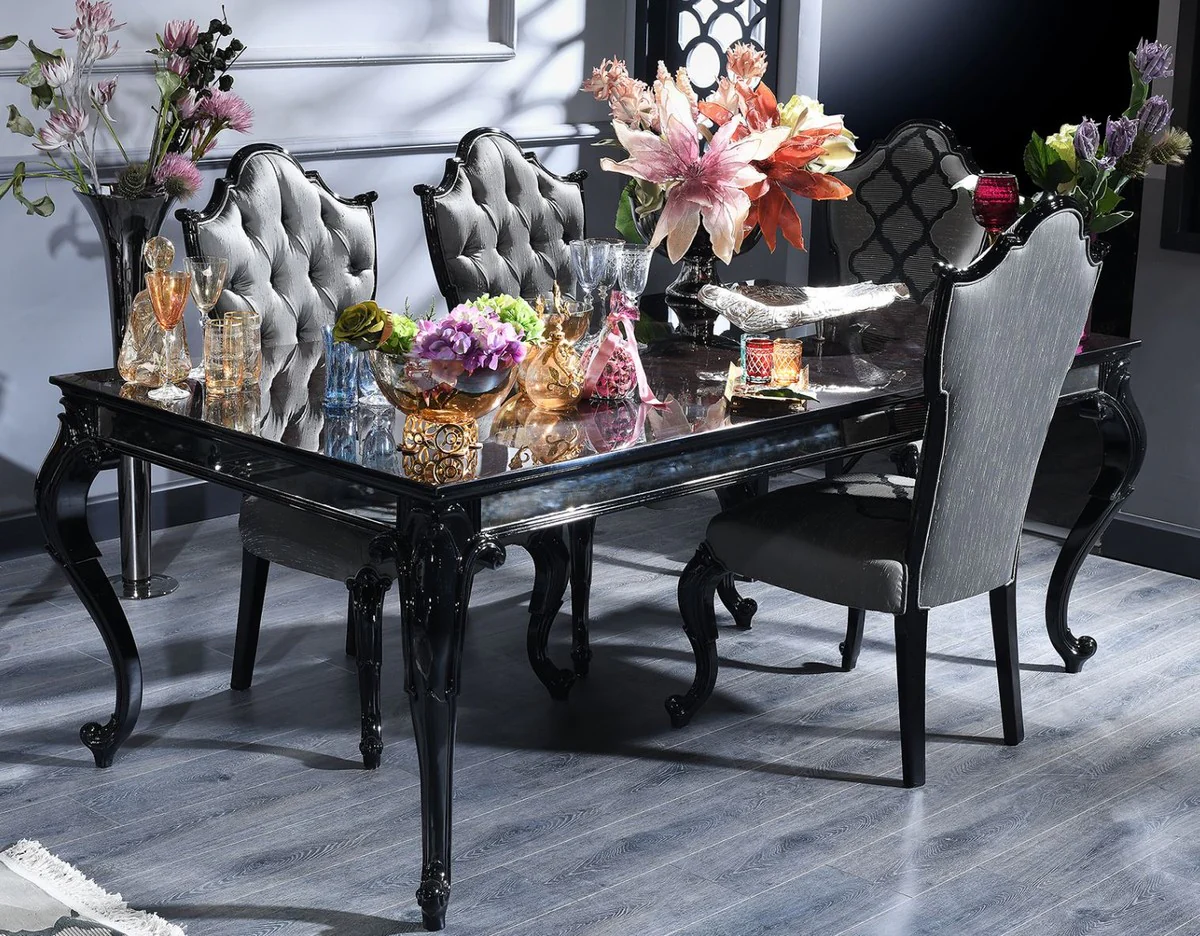 Luxury Baroque Dining Room Set Silver / Gray / Black - 1 Dining Table & 6 Dining Chairs - Dining Room Furniture in Baroque Style - Luxury Quality - Made in Italy