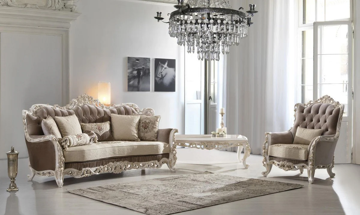 Luxury baroque coffee table brown / white / gold 125 x 87 x H. 48 cm - Rectangular solid wood living room table in baroque style - Noble baroque living room furniture
