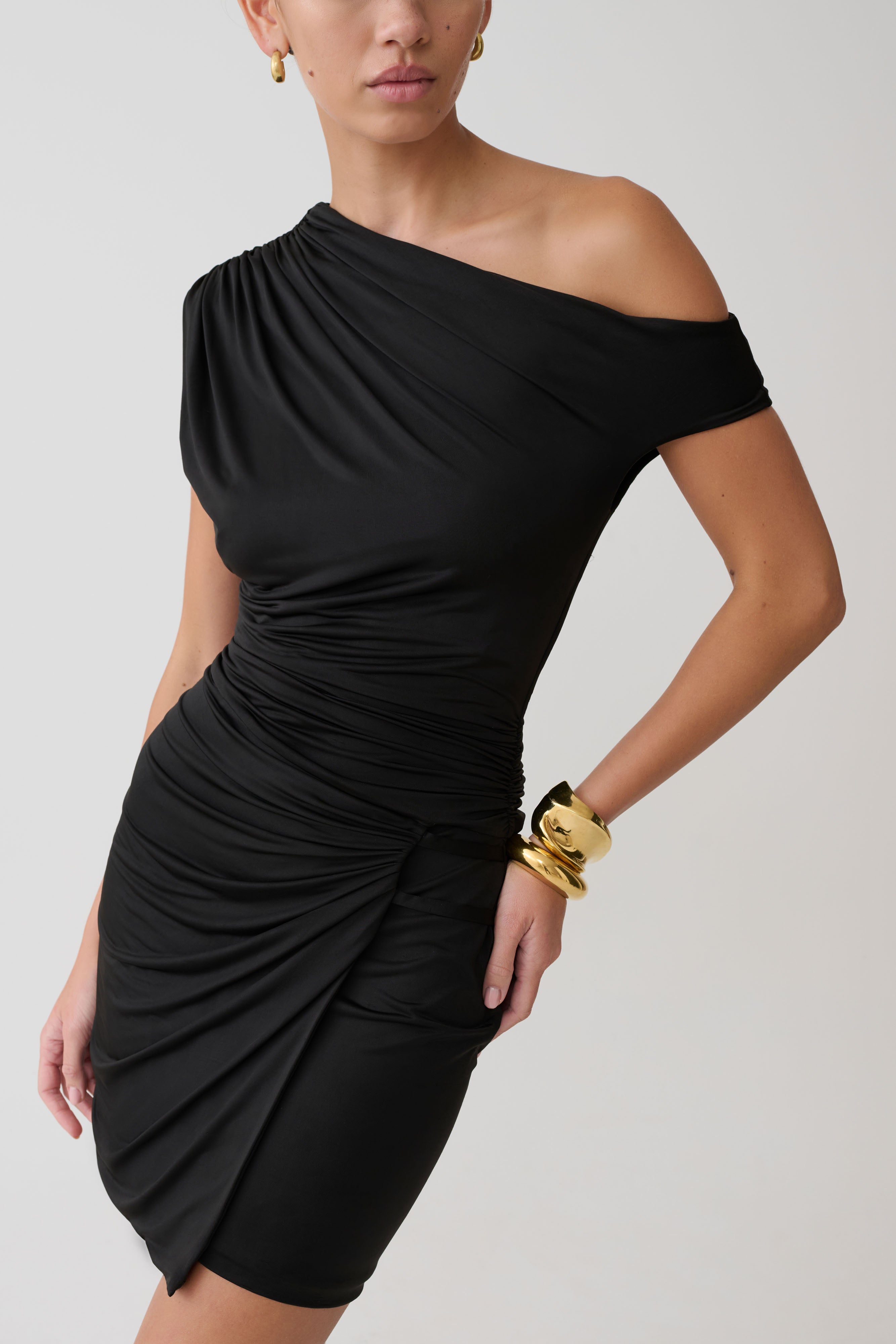 Alyn Off Shoulder Draped Mini Dress - Lemon