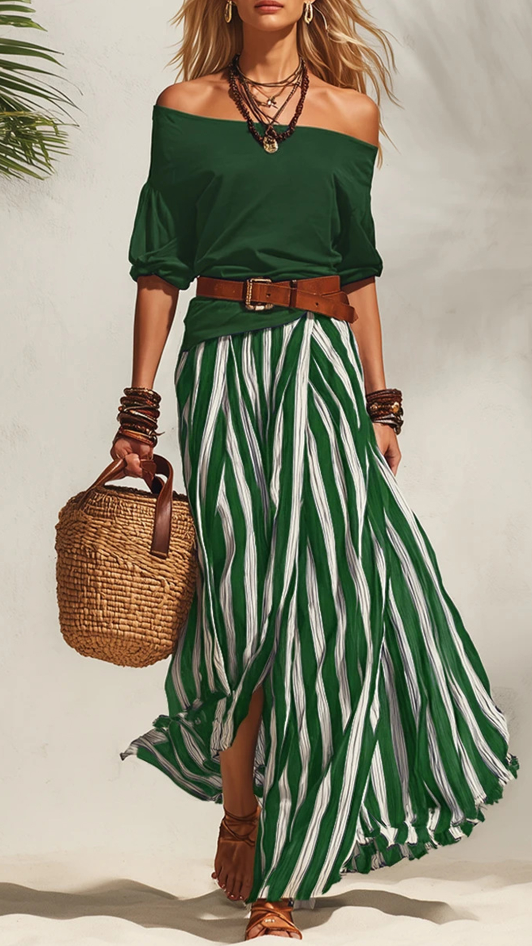 Women's Cotton‑blend Off‑the‑shoulder Mid‑sleeve Top & Blue‑white Striped Slit Maxi Skirt Set - Nordfashionstorm - Women's Clothing, Fashion for You - Nordfashionstorm.com