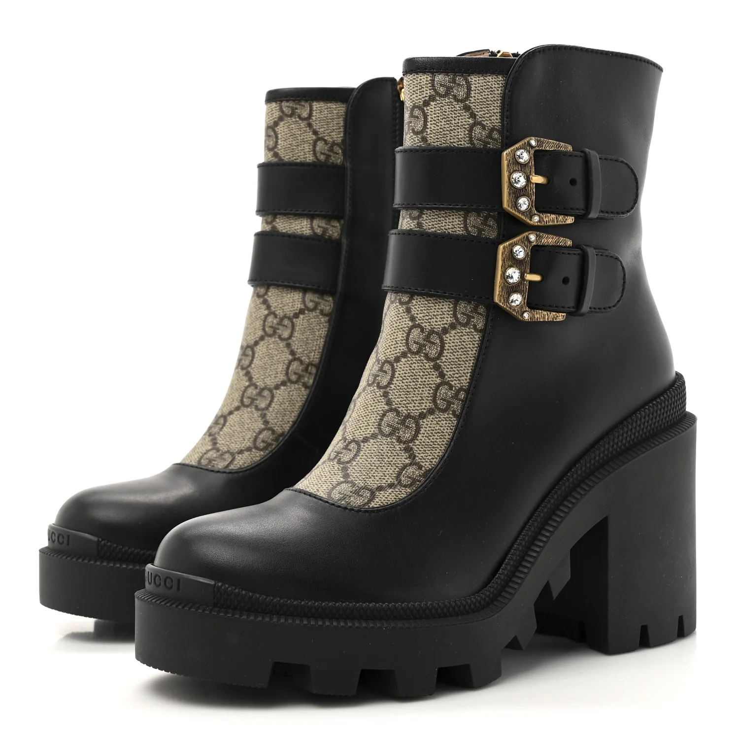 Kensington Calfskin Nappa GG Supreme Monogram Womens Double Buckle Ankle Boots 35 Black - Top Club