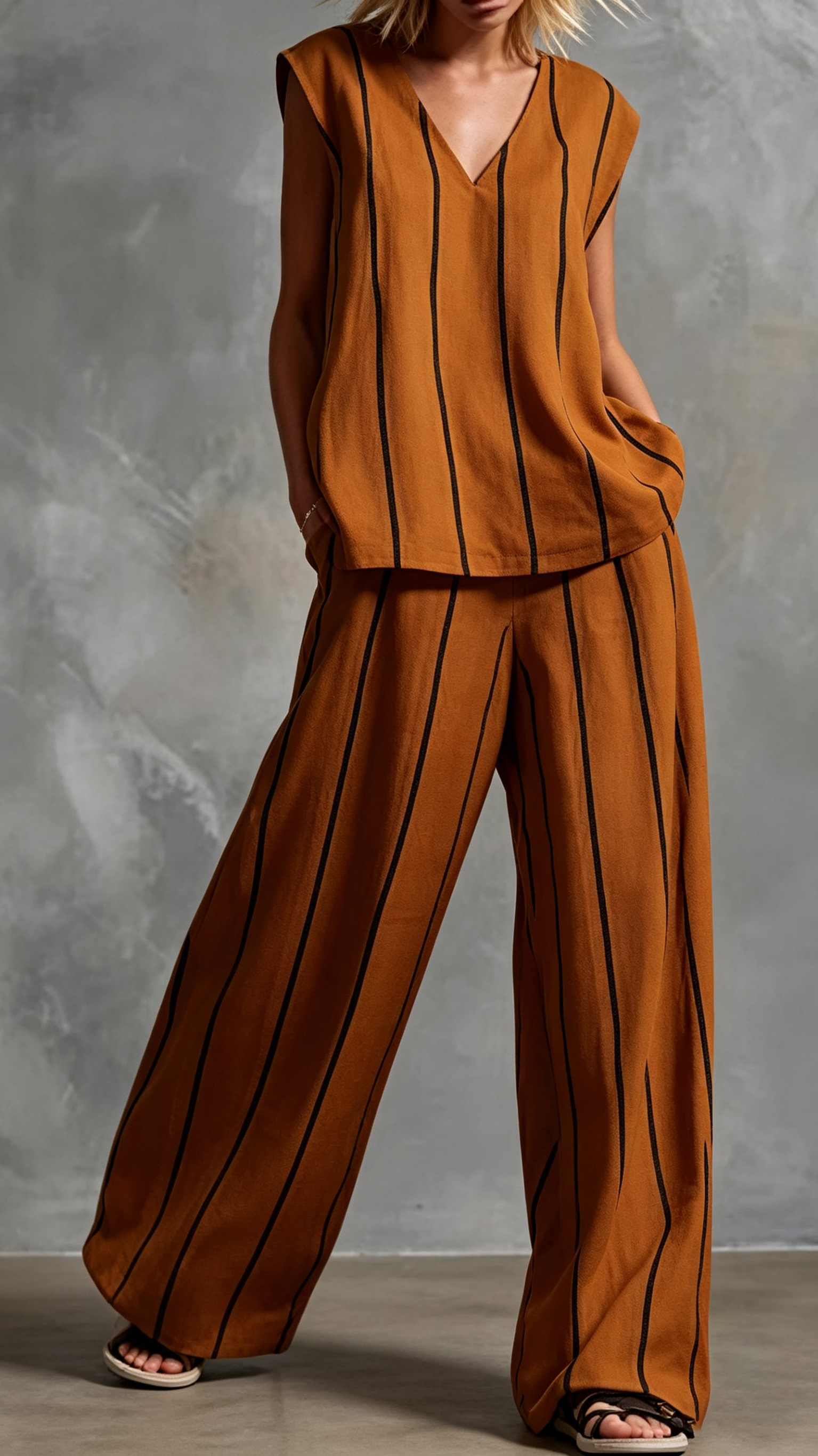 Women's Vertical-Stripe Loose-Fit Slimming Cotton-Linen Two-Piece Set - Nordfashionstorm - Women's Clothing, Fashion for You - Nordfashionstorm.com