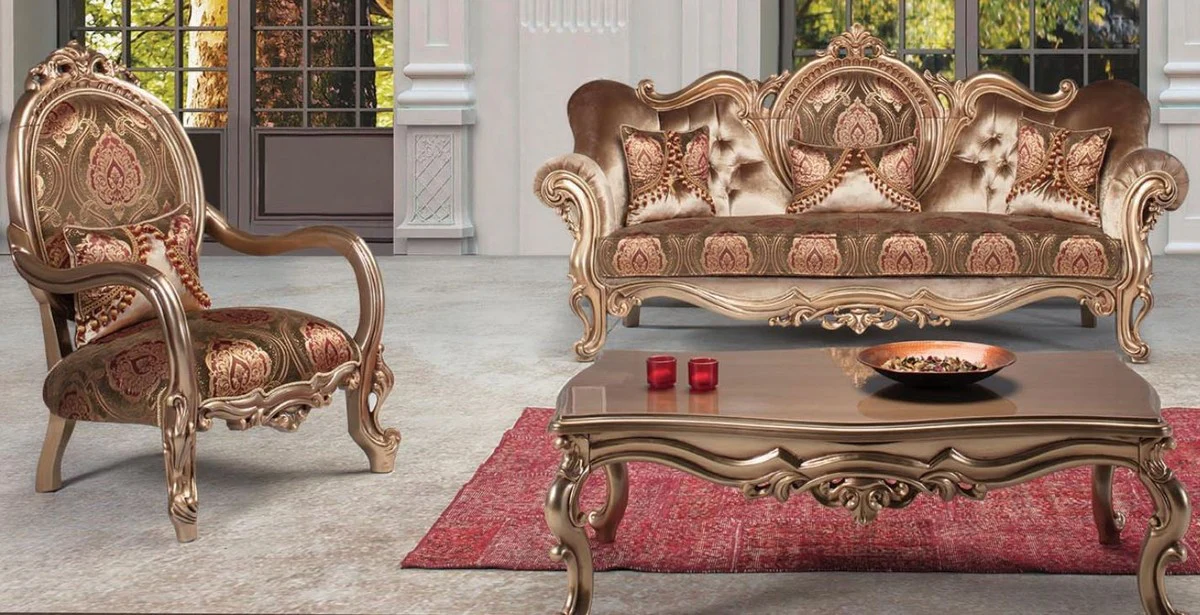 Luxury baroque living room set bronze / brown / burgundy - 1 sofa & 2 armchairs & 1 coffee table - magnificent living room furniture in the baroque style