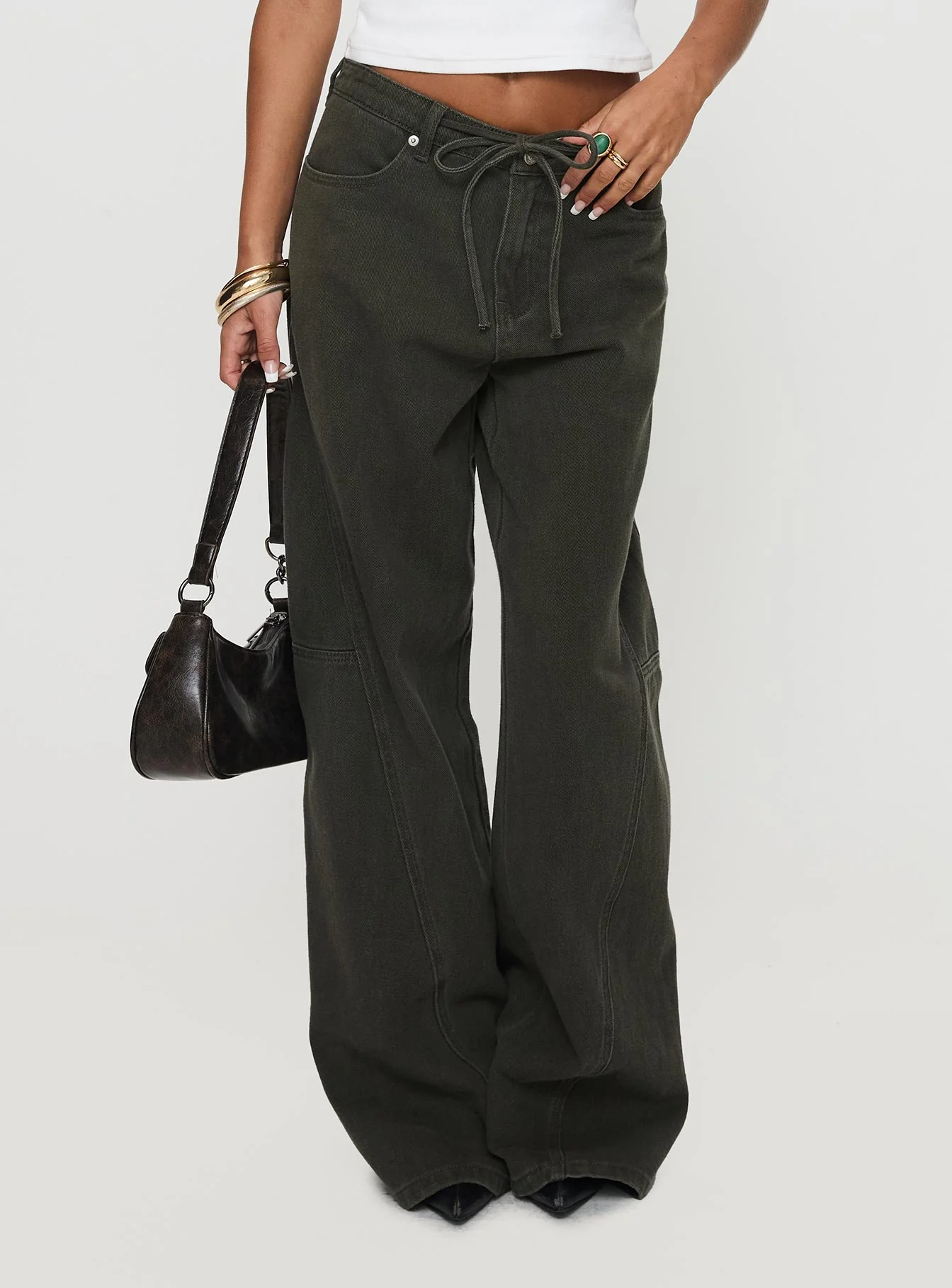 Bruiser Tie Waist Mid Rise Wide Leg Jeans Green