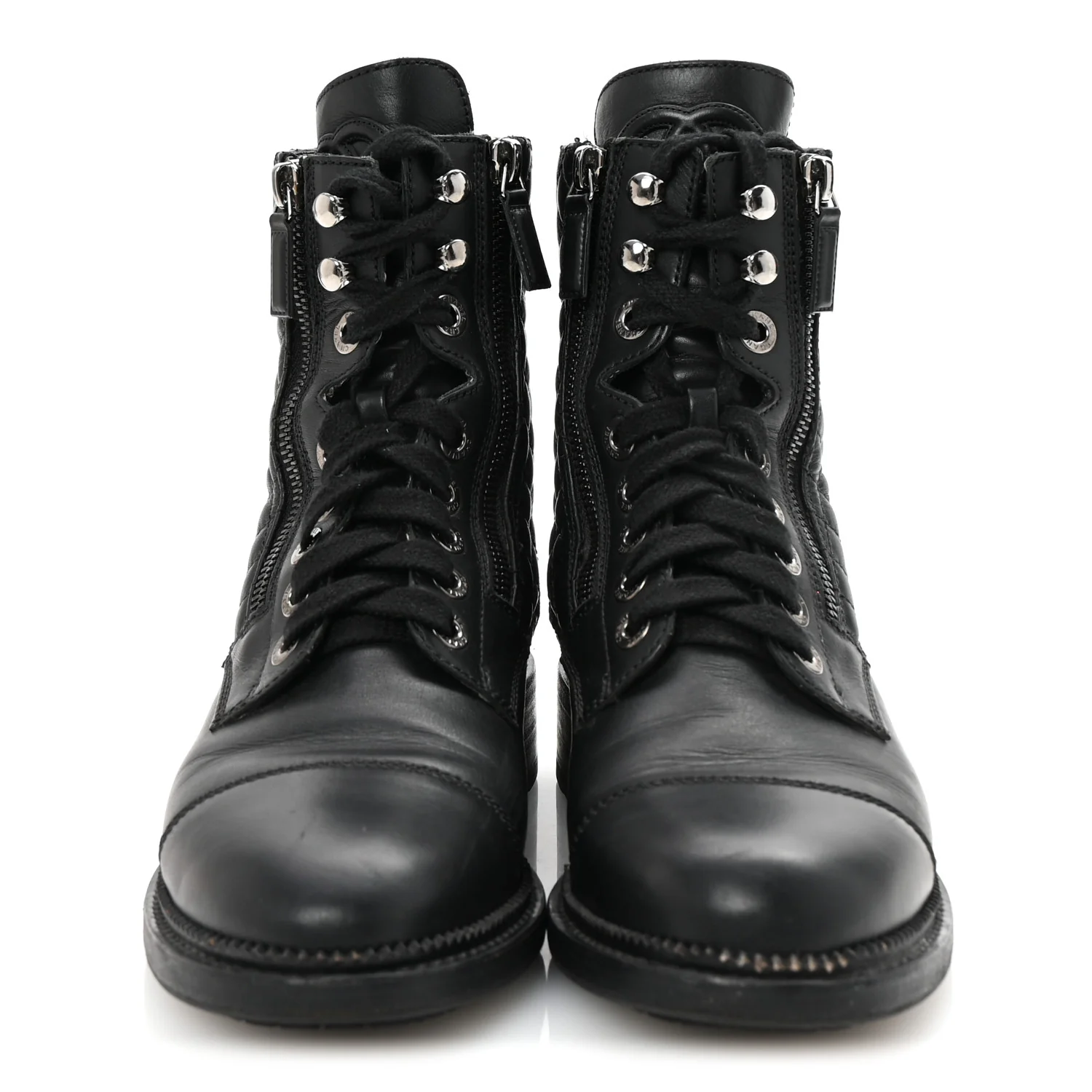 Calfskin Quilted Lace Up Combat Boots 37.5 Black - Top Club