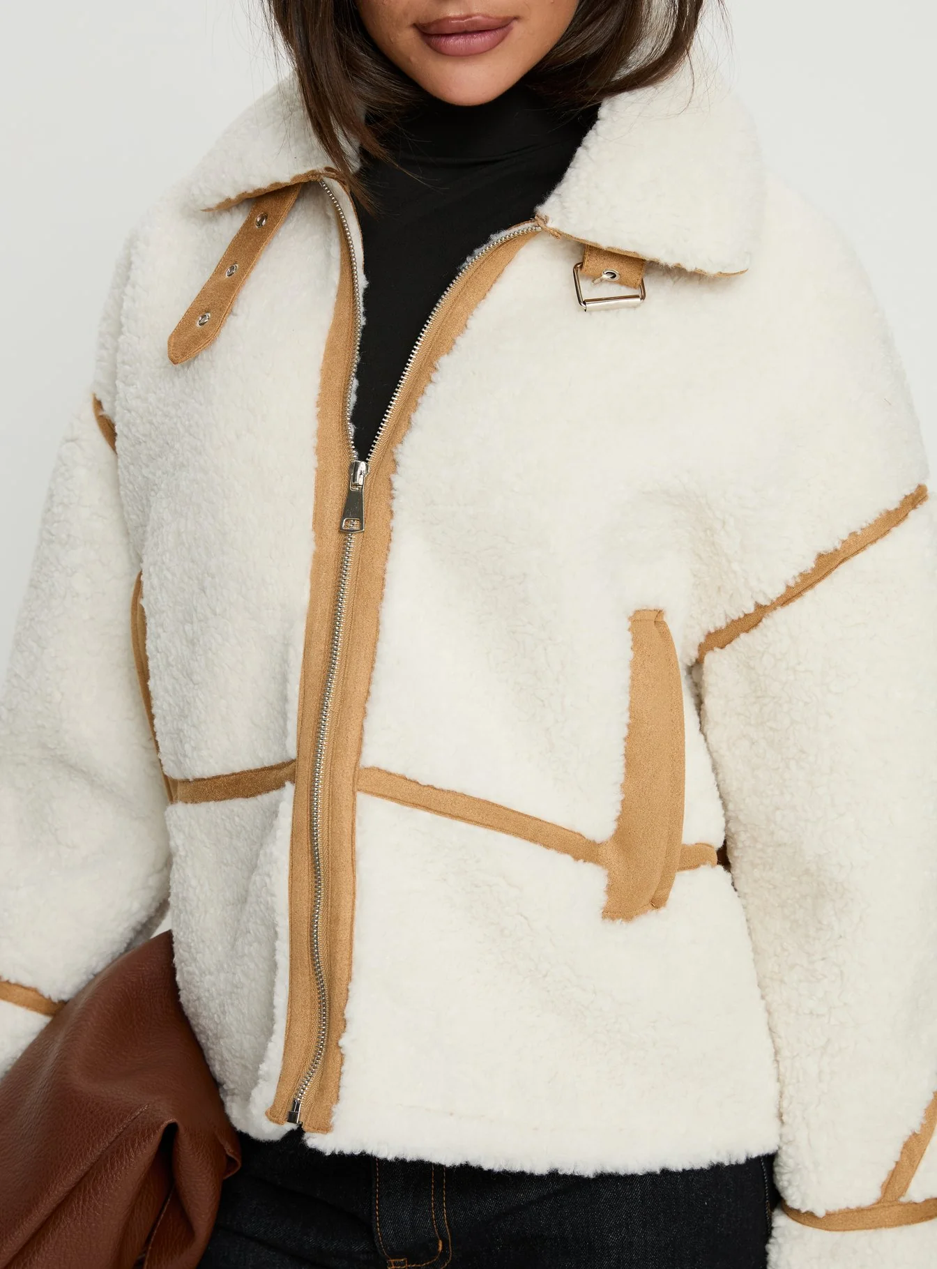Briane Contrast Teddy Jacket White