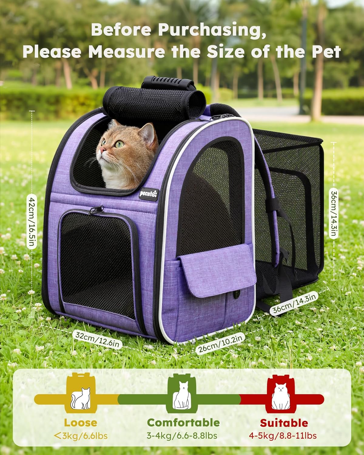 Pecute Cat Backpack Carrier Expandable - Purple
