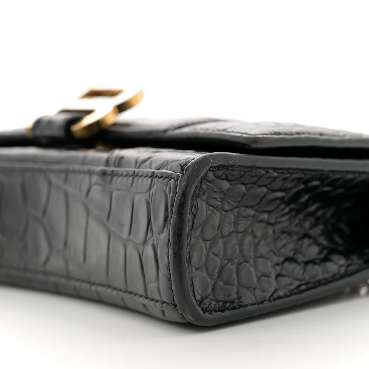 Shiny Calfskin Crocodile Embossed Hourglass Chain Bag Black - Top Club