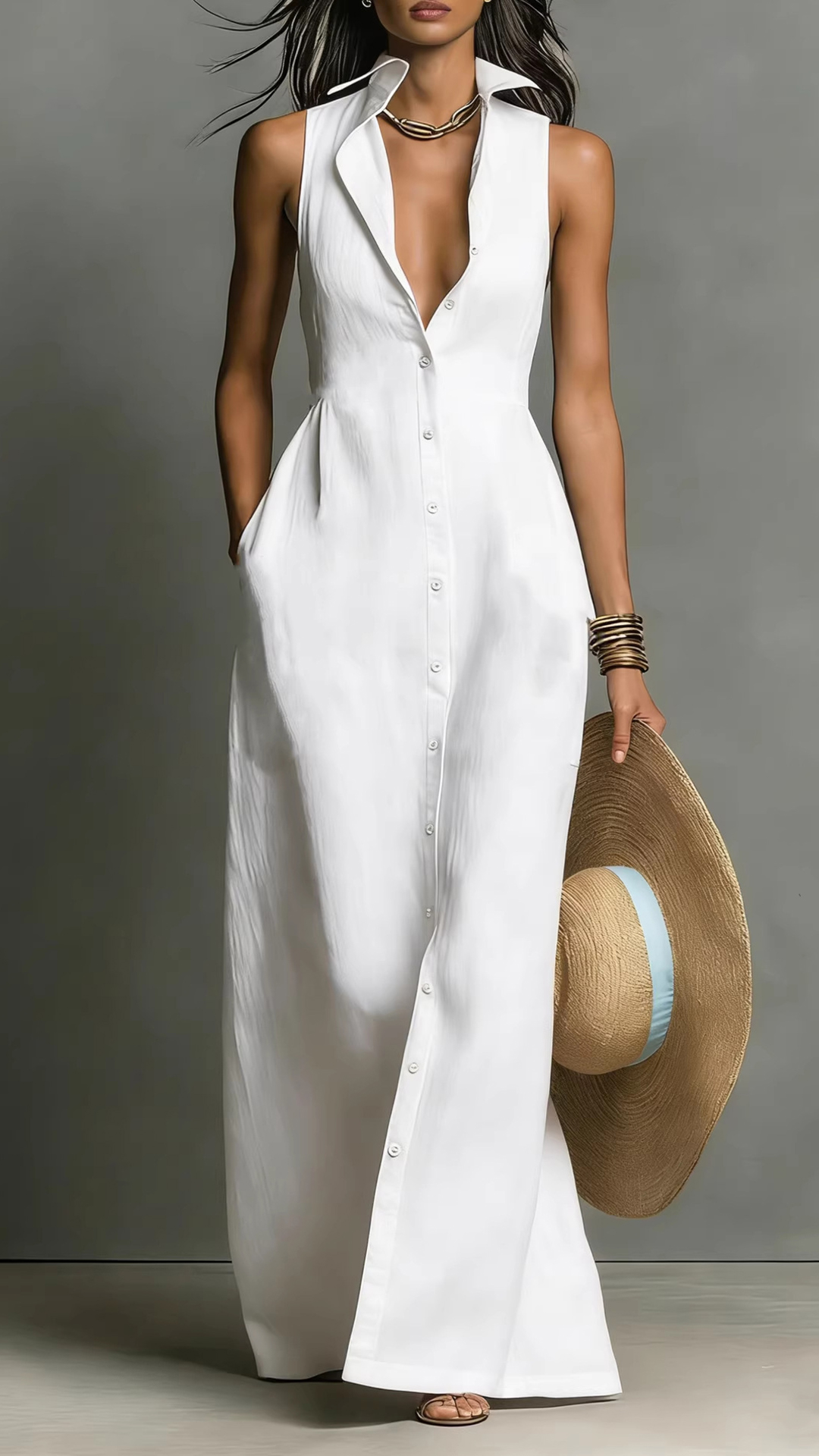 Women's Sleeveless Collared Waist-Cinching Long Shirt Dress - Nordfashionstorm - Women's Clothing, Fashion for You - Nordfashionstorm.com