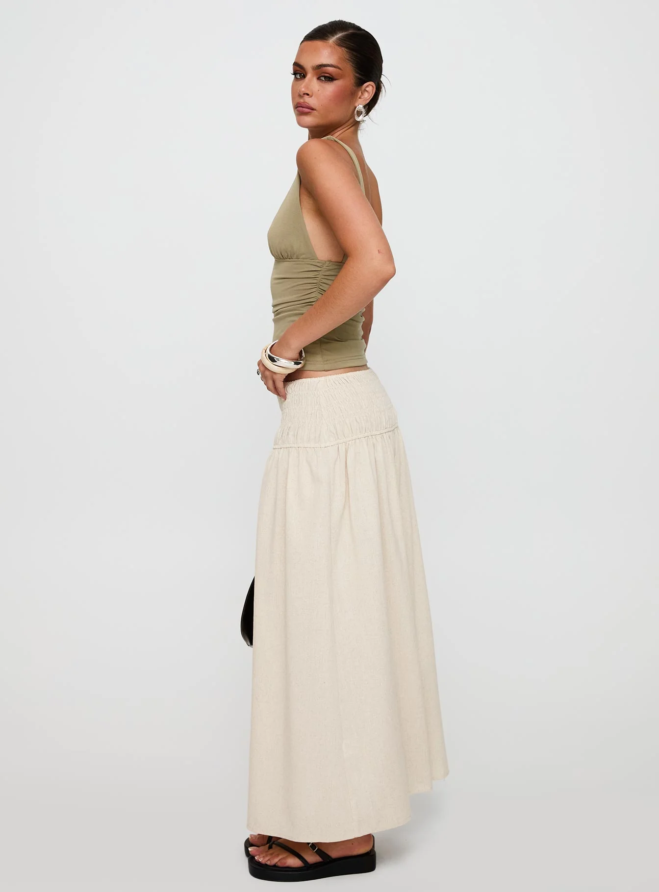 Small Towns Shirred Midi Skirt Beige