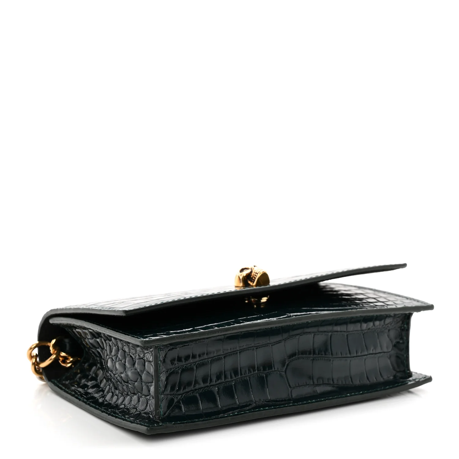 Glazed Calfskin Crocodile Embossed Small Skull Shoulder Bag Green - Top Club