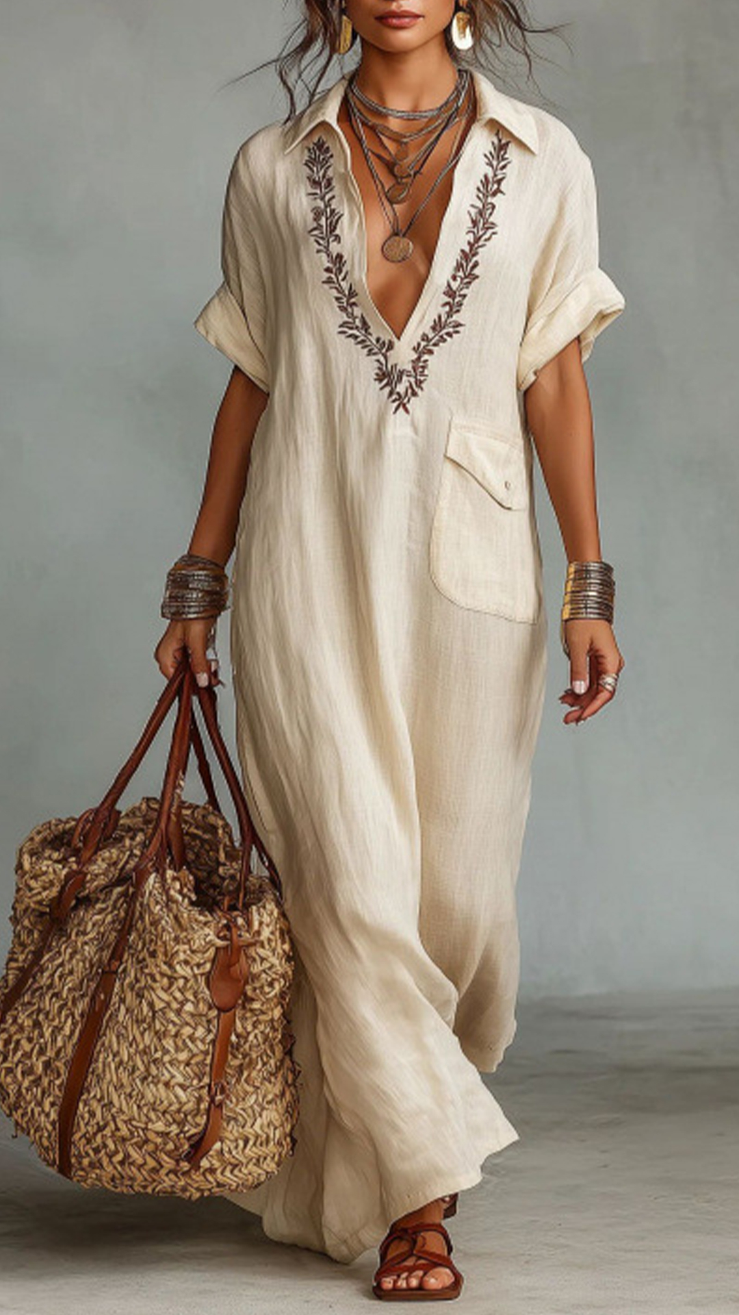 Embroidered V-Neck Loose Cotton Linen Shirt Maxi Dress - Nordfashionstorm - Women's Clothing, Fashion for You - Nordfashionstorm.com
