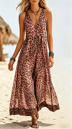 Women's Leopard Print Casual Sleeveless V-Neck Dress - Nordfashionstorm - Women's Clothing, Fashion for You - Nordfashionstorm.com
