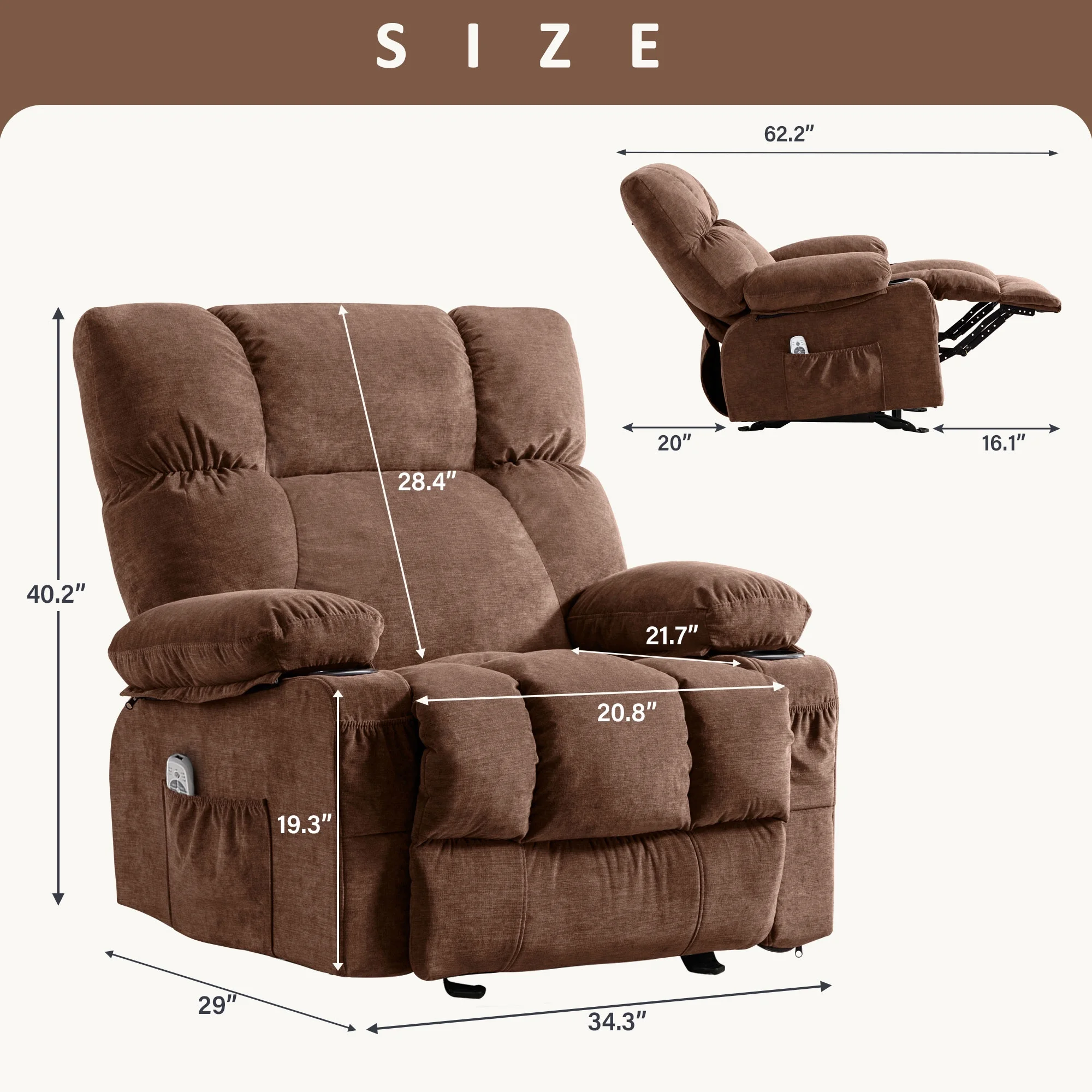 JONPONY Manual Recliner Chair with Heat Therapy and Massage Function, Heavy Duty Reclining Mechanism Massage Chair, Elderly Single Rocker Sofa with Cup Holders for Bedroom Home Theater, Grey