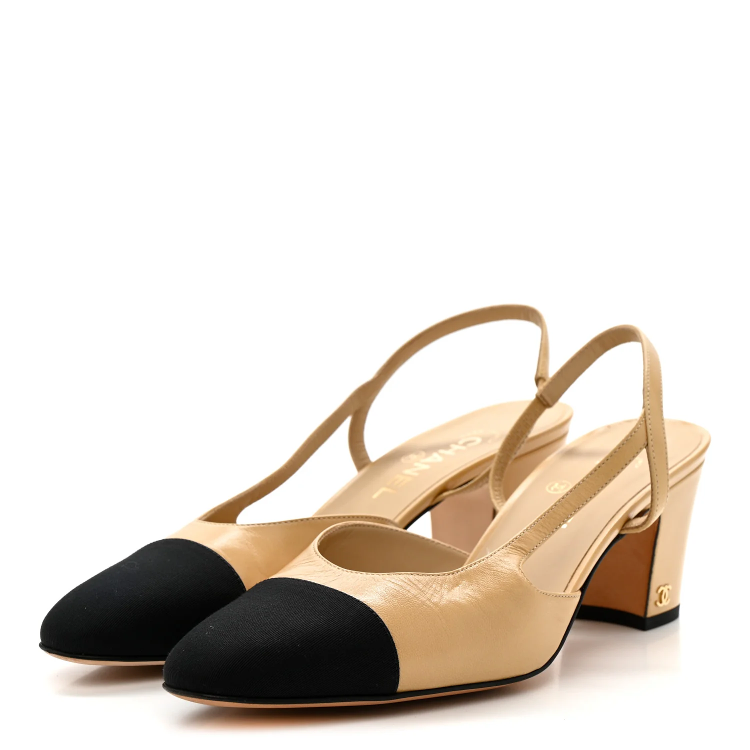 Goatskin Grosgrain Cap Toe CC Slingback Pumps 41 Beige Black - Top Club