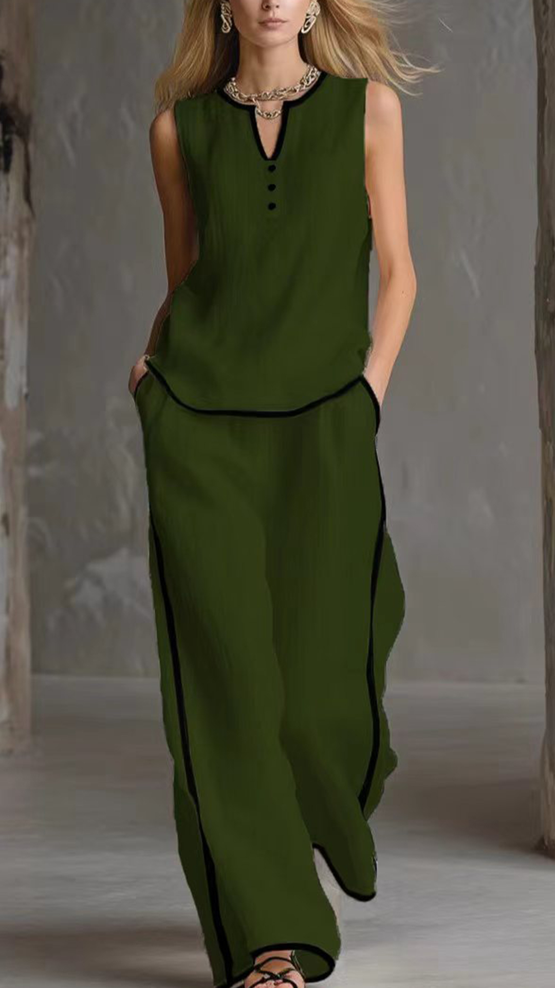 Women's Cotton-Blend Textured Sleeveless Top and Wide-Leg Pants Set - Nordfashionstorm - Women's Clothing, Fashion for You - Nordfashionstorm.com