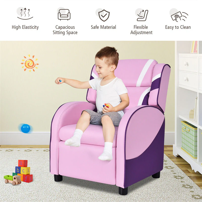 Kids Recliner Chair, Adjustable PU Leather Gaming Sofa with Footrest, Lumbar Support & Side Pockets, Ergonomic Children Lounge Armchair