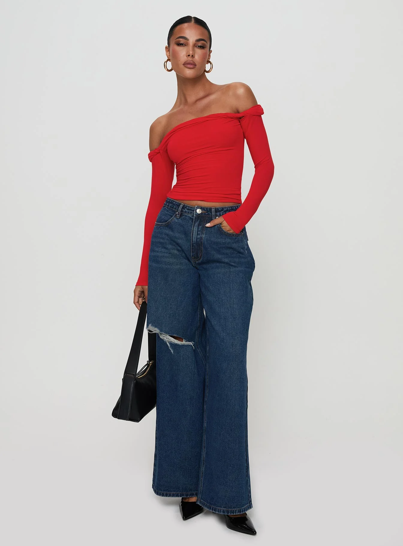 Naylor Rip Mid Rise Wide Leg Jeans Dark Blue Wash