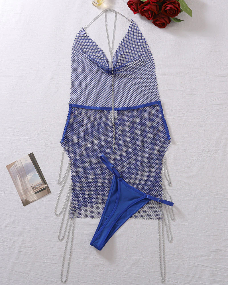 Blue Rhinestone Chemise with Thong