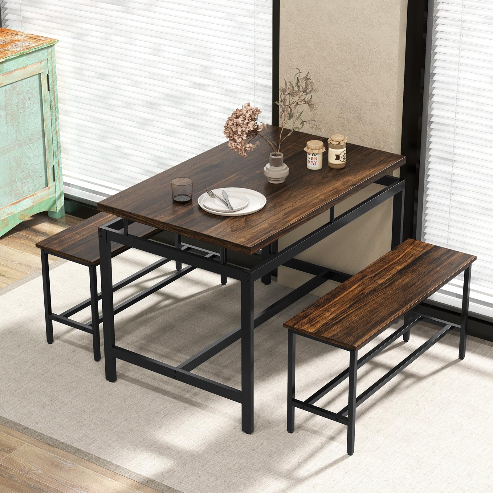 BEFOUNDLOVELY Dining Table Set for 4 with 2 Benches, Metal Frame