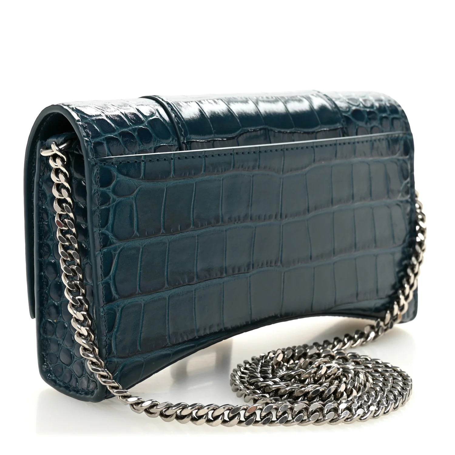 Shiny Calfskin Crocodile Embossed Hourglass Chain Bag Dark Petrol Blue - Top Club