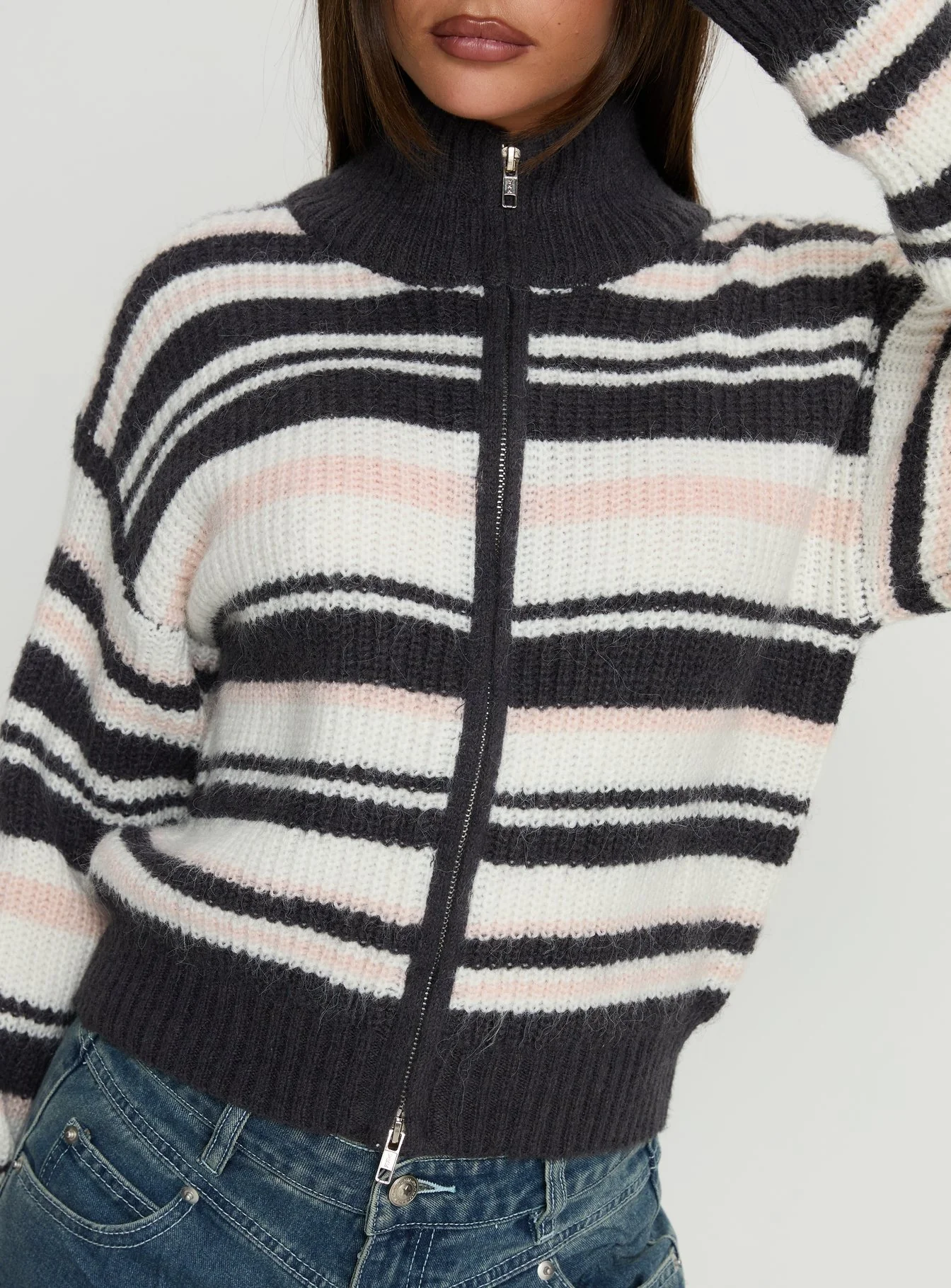 Tetra Zip Through Knit Sweater Pink Stripe