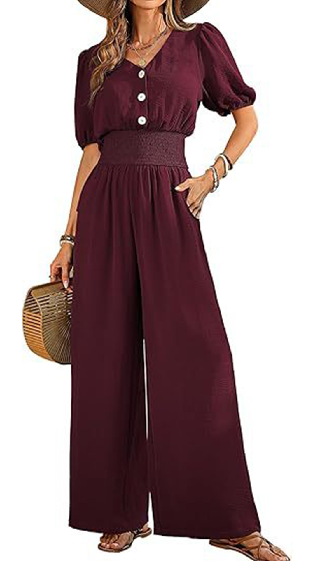 Women's V-Neck Jumpsuit with Puff Sleeves, Cinched Waist, and Wide Legs - Nordfashionstorm - Women's Clothing, Fashion for You - Nordfashionstorm.com