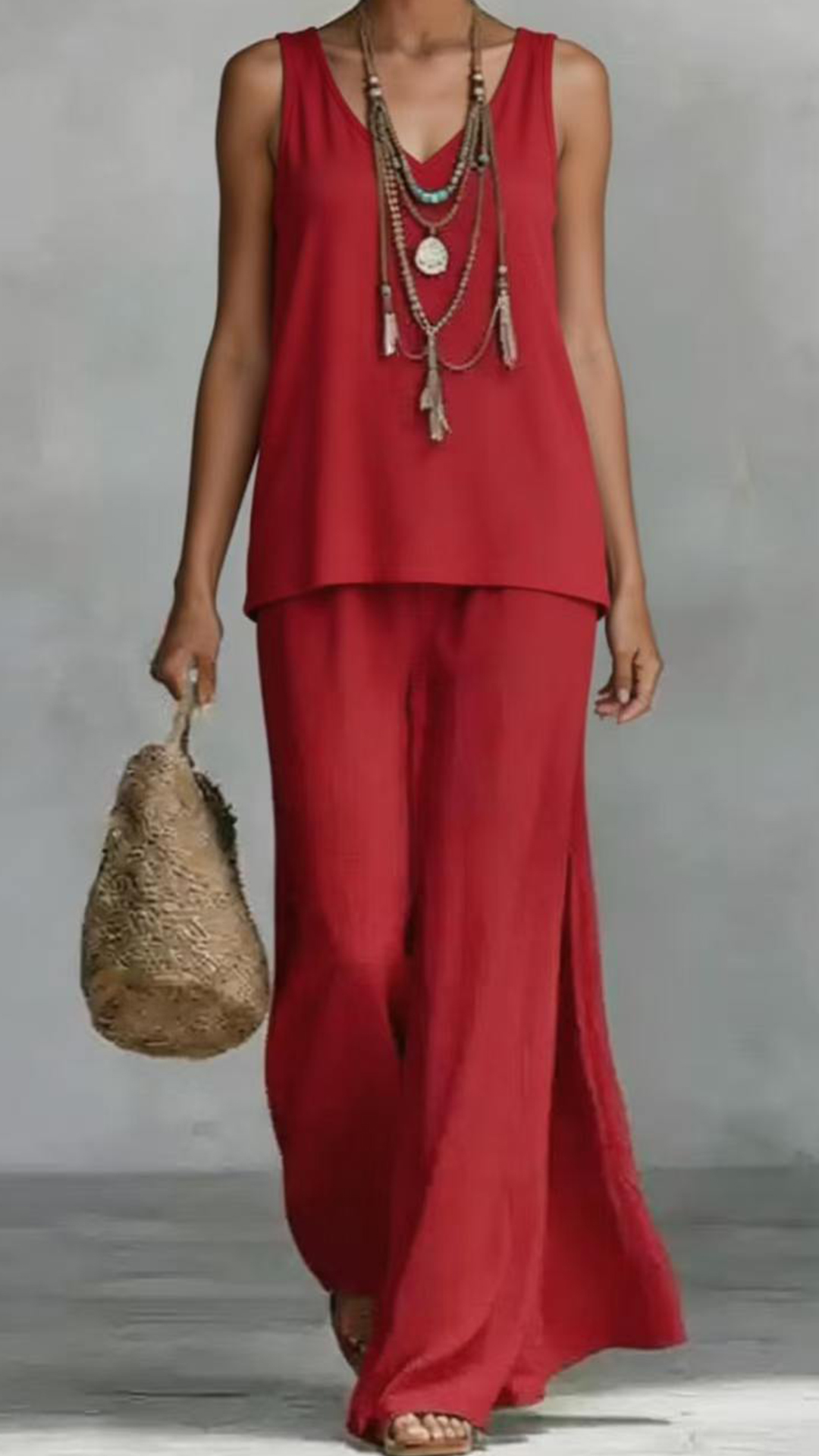 Women's Casual Vacation Style - Cotton-Blend Textured Sleeveless Top and Wide-Leg Pants Set - Nordfashionstorm - Women's Clothing, Fashion for You - Nordfashionstorm.com