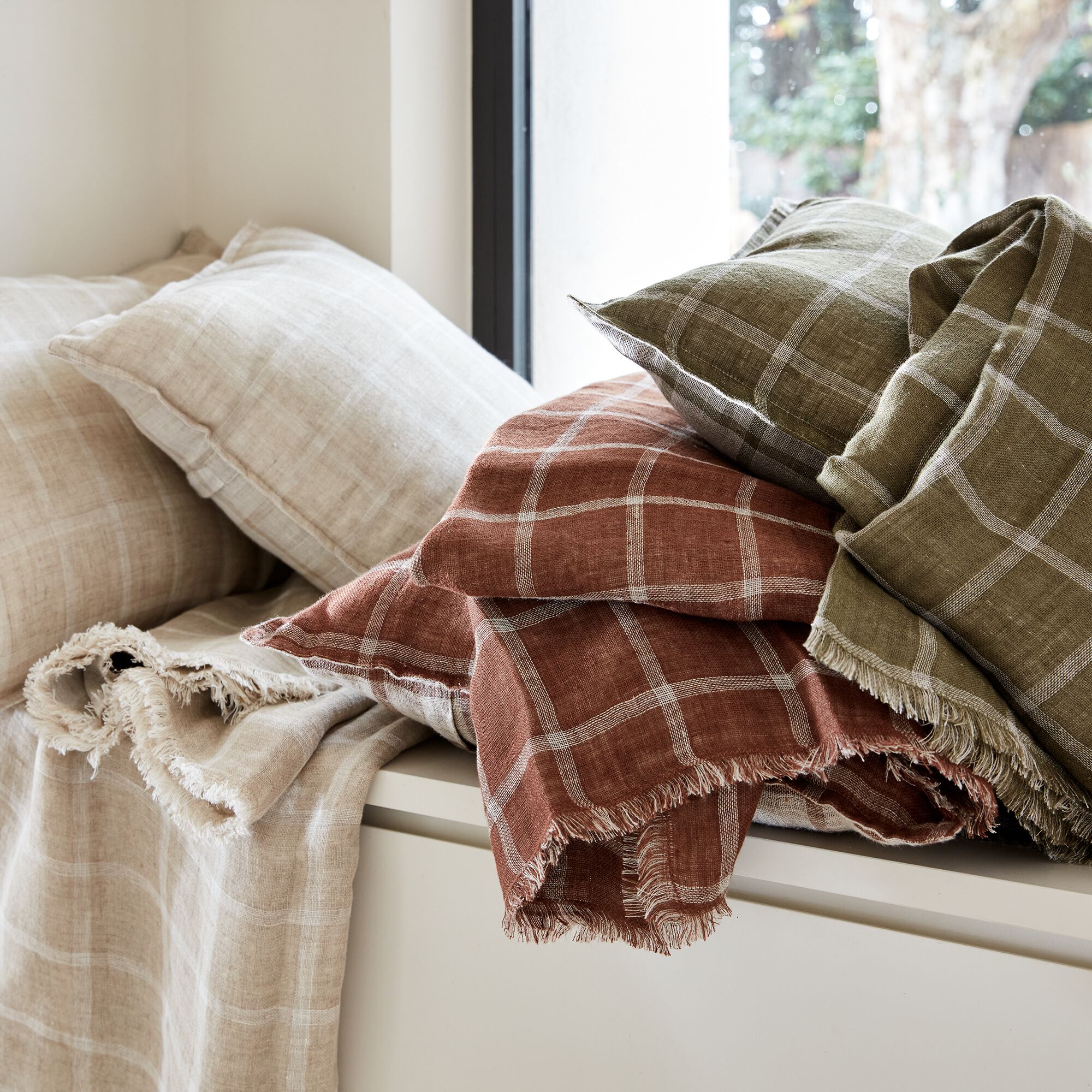 VALBEL - Plaid à carreaux en lin lavé 130x170cm - marron