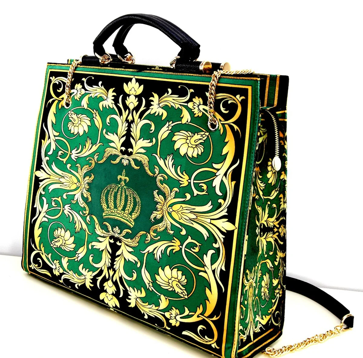 Pompöös by Luxus women's handbag Baroque Flowers with crown and rhinestones green / black / gold 43 x H. 43 cm - designed by Harald Glööckler